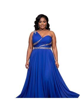 Royal Blue One-Shoulder Embellished full length Maxi Dress. By Party Time Formal